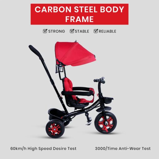 StarAndDaisy 4 in 1 Classy Baby Tricycle for Kids with Canopy with Dual Storage Basket & Ultra Soft Cushion Seat with Seat Belt, Foot Rest, Parental Control Handle, Baby Trike For Boys Girls of 1.5 to 5 Years (Red) - Image 6