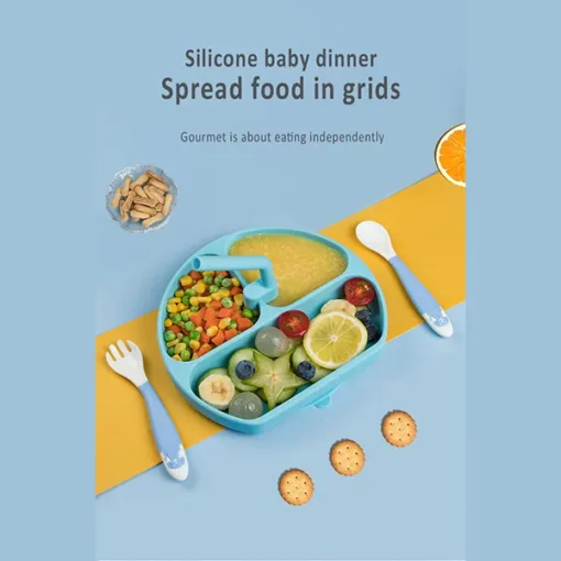 StarAndDaisy Baby Plates for Toddlers with straw, Silicone Plates with Suction Divided Kids BPA Free Microwave Dishwasher Safe, Plates - 3 Compartments (Blue) - Image 3
