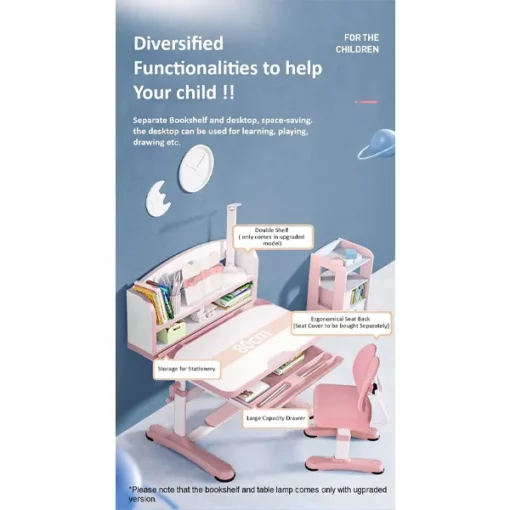 StarAndDaisy Smart Kids Multifunctional Study Table and Chair without LED Lamp and without Book Storage Shelf (Pink | R8 1.3) - Image 9