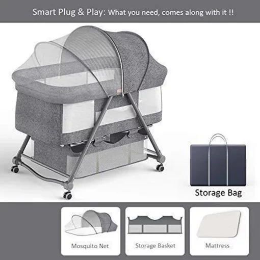 StarAndDaisy Manual D01 Baby cot Crib Newborn Baby Bassinet with Cradle, Wheel, Mosquito net and Bedding Set (Grey) - Image 2