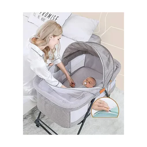 StarAndDaisy Manual D01 Baby cot Crib Newborn Baby Bassinet with Cradle, Wheel, Mosquito net and Bedding Set (Grey) - Image 6