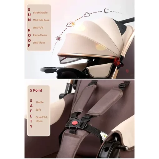 StarAndDaisy Multi-Adjustment Ultra Baby Stroller Pram & Buggy, Pushchair Reversible Handle with Anti-Shock Rubber Wheels (Brown | With Cushion) - Image 7