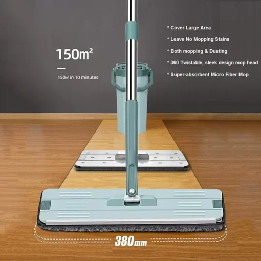 SND Homes Hands-Free Squeeze Microfiber Flat Spin Mop System 360° Flexible Head (38X12.5 cm) with (2+2Free) Super-absorbent Microfiber Pads, 59.8'' Extended Stainless Steel Handle - Pink - Image 5