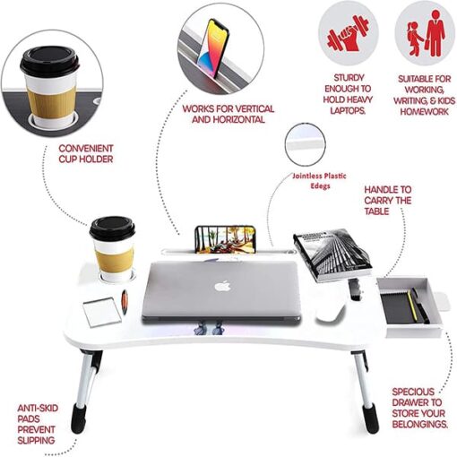 [Refurbished] FEDOY Utilite™ Smart Home Multi-Purpose Foldable Cartoon Beauty Laptop Bed Table with Drawer Storage, Cup Holder Slot, Notebook Holder (60 X 40 X 27 cm) - Image 5