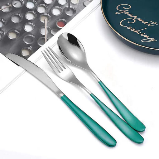 SND Homes Delicacy Cutlery for Fine Dining, Made of SUS 304 Glossy Silver Finish Spoon/ Forks/ Knives (Set of 6 Silver Green Knives) - Image 2