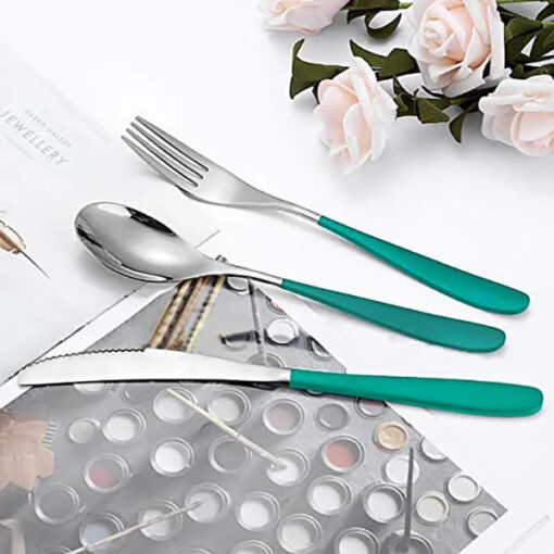 SND Homes Delicacy Cutlery for Fine Dining, Made of SUS 304 Glossy Silver Finish Spoon/ Forks/ Knives (Set of 6 Silver Green Knives) - Image 3