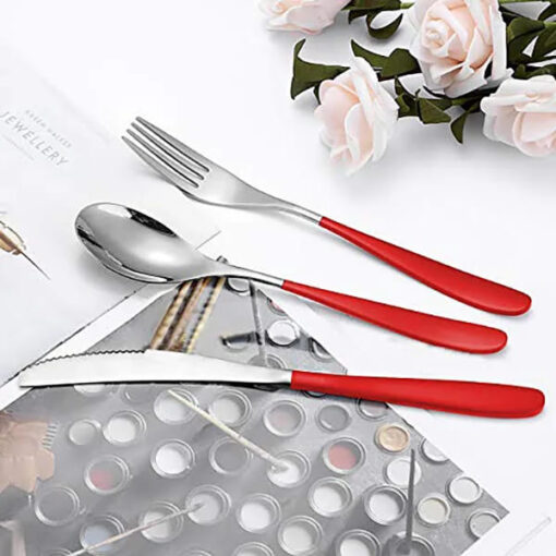 SND Homes Delicacy Cutlery for Fine Dining, Made of SUS 304 Glossy Silver Finish Spoon/ Forks/ Knives (Set of 6 Silver Red Spoon) - Image 2