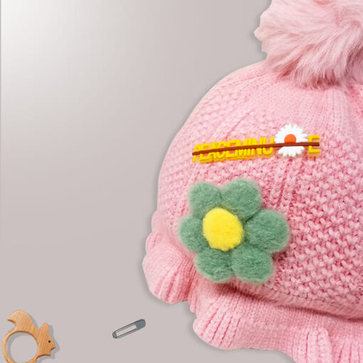 StarAndDaisy Kids Woolen Cap (Upto 4 years kids – Baby Pink with Green) - Image 2