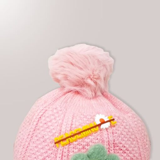 StarAndDaisy Kids Woolen Cap (Upto 4 years kids – Baby Pink with Green) - Image 4