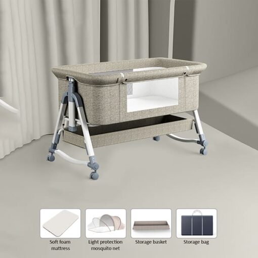 [Refurbished] StarAndDaisy Pluto Luxury Baby Crib with Height Adjustment and Next to bed Setup - With Soft Foam Mattress ,Storage basket Mosquito Net and Carry Bag (Brown) - Image 4