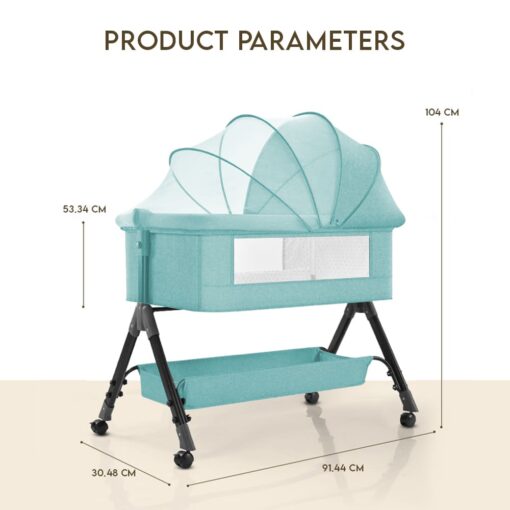StarAndDaisy 3 in 1 Cradle for Baby with Detachable Nursing Tray & Side Bumper Protection and Mattress and Mosquito Net - Green - Image 10