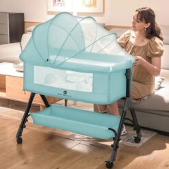 StarAndDaisy 3 in 1 Cradle for Baby with Detachable Nursing Tray & Side Bumper Protection and Mattress and Mosquito Net - Green