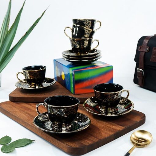 SND Homes Pack of 6 Bone China Cup & Saucer Set of 6 - Carpet Series  (Black) - Image 2