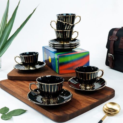SND Homes Pack of 6 Bone China Cup & Saucer Set of 6 - Carpet Series  (Black) - Image 2