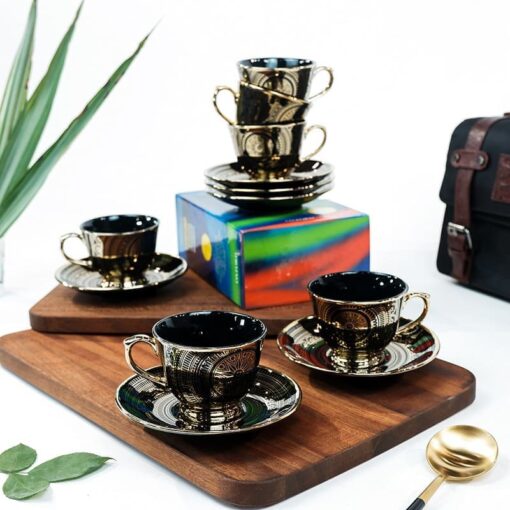 SND Homes Pack of 6 Bone China Cup & Saucer Set of 6 - Carpet Series  (Black) - Image 2