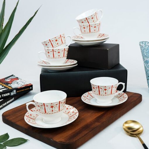 SND Homes Pack of 6 Bone China Cup & Saucer Set of 6 - Carpet Series (White) - Image 2