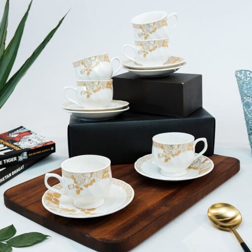 SND Homes Pack of 6 Bone China Cup & Saucer Set of 6 - Carpet Series (White) - Image 2
