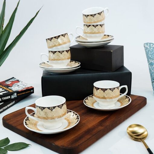 SND Homes Pack of 6 Bone China Cup & Saucer Set of 6 - Carpet Series (White) - Image 2
