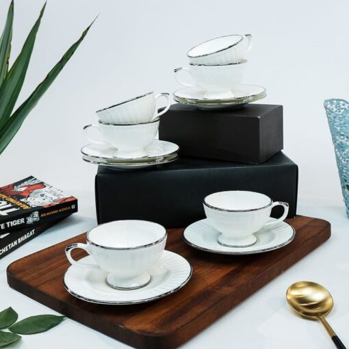 SND Homes Pack of 6 Bone China Cup & Saucer Set of 6 - Carpet Series (White) - Image 2