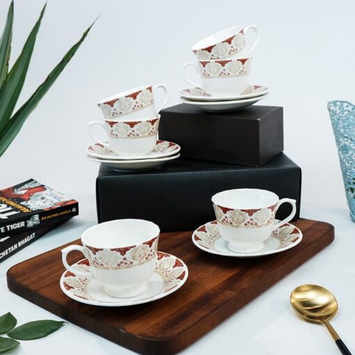 SND Homes Pack of 6 Bone China Cup & Saucer Set of 6 - Carpet Series (White) - Image 2