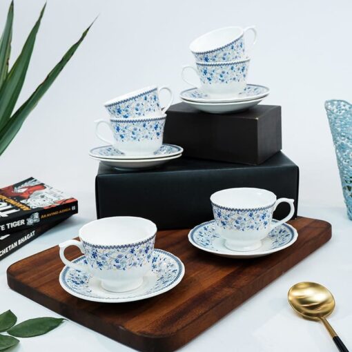 SND Homes Pack of 6 Bone China Cup & Saucer Set of 6 - Carpet Series (White) - Image 2