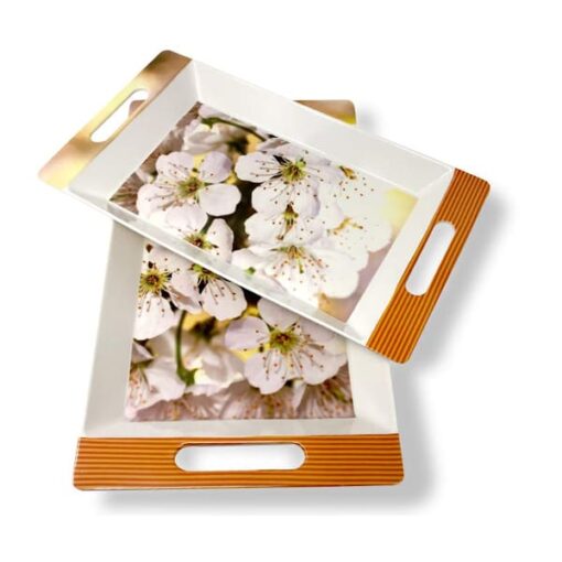 SND Homes Crystal Melamine Serving Roseate Series Tray - Set of 2 (Multicoloured, White, Medium and Large Size)