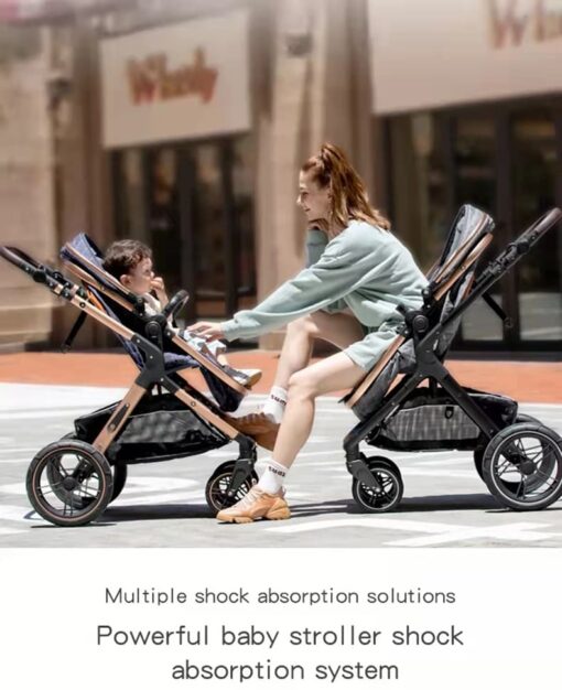 StarAndDaisy 2-in-1 EasyGo Travel Friendly Luxury Baby Stroller Pram Buggy Pushchair For Baby with Extraordinary Features, Sleeping Baby Stroller bassinet mode, Sit-stand Mode (High Landscape Seat, one-push folding, Powerful Shock Absorption Wheels, Convertible Bassinet Design (Blue Triple Layer cotton Fabric with Gold Tubes | With Cushion) - Image 7