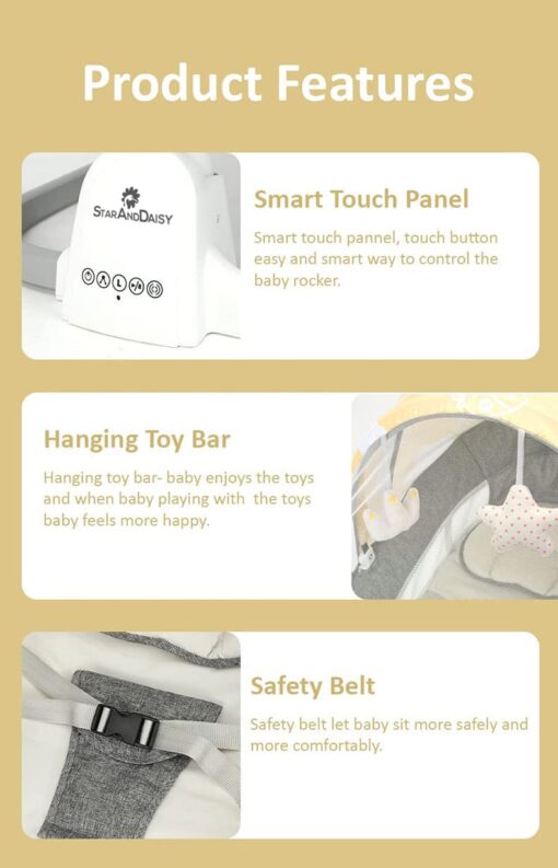 StarAndDaisy Premium Automatic Electric Rocker & Swing For Baby / Infants, Rocking Chair With 5 adjustable swing speeds,  Comes With Mosquito Net with Light Protection & Swing Lock & Safety Belt With Hanging Toys & Built-in Music with Remote Control & Smart Touch Panel For Newborn Baby (Grey) - Image 4