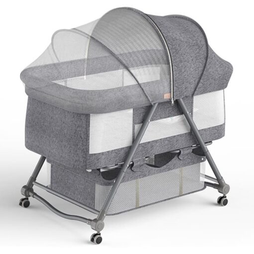 StarAndDaisy Manual D01 Baby cot Crib Newborn Baby Bassinet with Cradle, Wheel, Mosquito net and Bedding Set (Grey)