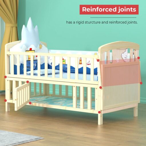 StarAndDaisy 12 in 1 Baby Wooden Cot Crib with Convertible Manual Cradle with Mattress, Bumper Set, Mosquito Net & Adjustable Stand (Natural Wood | With Mattress & Bumper Set) - Image 4