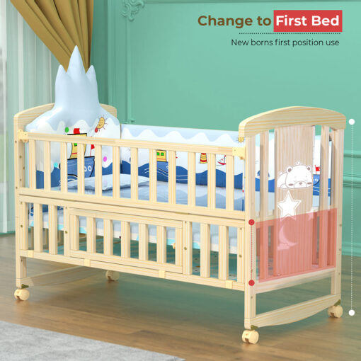 Pinewood Multifunctional Baby Bed Crib Rocking Cot- with Mosquito Net and Adjustable Stand