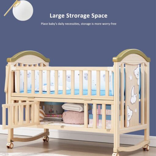 [Refurbished] StarAndDaisy 12 in 1 Baby Cot Crib, Mosquito Net and Adjustable Stand, Storage Space & Wheels (Natural Wood) - Image 4