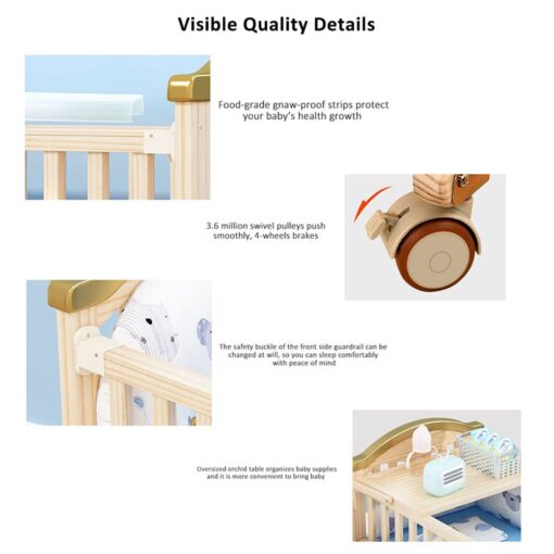 [Refurbished] StarAndDaisy 12 in 1 Baby Cot Crib, Mosquito Net and Adjustable Stand, Storage Space & Wheels (Natural Wood) - Image 7