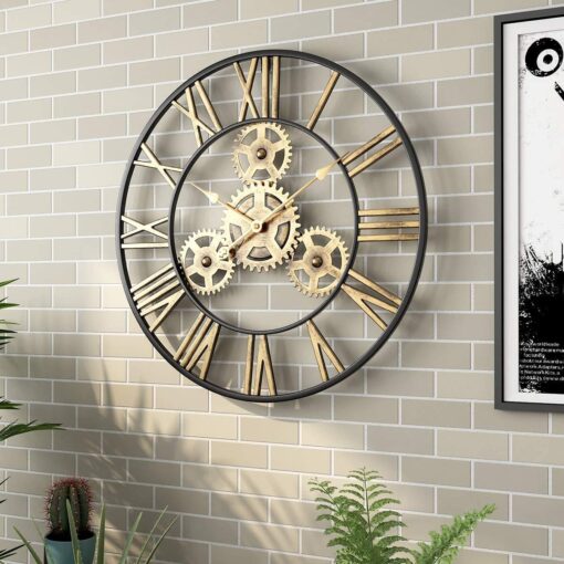 SND Home Decor Large Gear Wall Clock - Oversized 3D Steampunk Roman Numeral Wall Clock - Silent Retro Rustic Country Decorative Wall Clock for Living Room, Dining Room, Home, Farmhouse - Gold Black (60cm) - Image 6