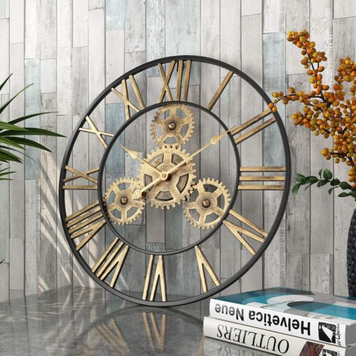 SND Home Decor Large Gear Wall Clock - Oversized 3D Steampunk Roman Numeral Wall Clock - Silent Retro Rustic Country Decorative Wall Clock for Living Room, Dining Room, Home, Farmhouse - Gold Black (60cm)