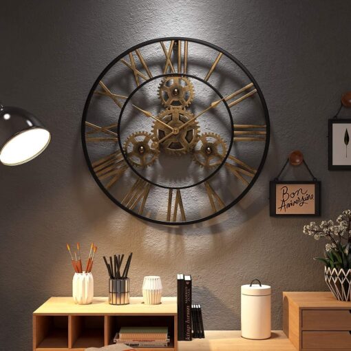 SND Home Decor Large Gear Wall Clock - Oversized 3D Steampunk Roman Numeral Wall Clock - Silent Retro Rustic Country Decorative Wall Clock for Living Room, Dining Room, Home, Farmhouse - Gold Black (60cm) - Image 4