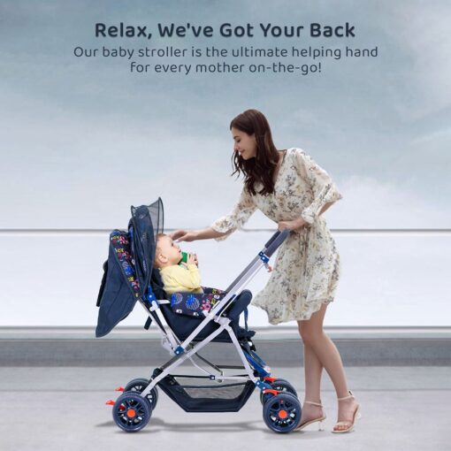 StarAndDaisy Sunrise Baby Stroller and Pram with Extended Mosquito Net and Ultra Soft Cushions & Reversible Handlebar (Blue Print - Beta) - Image 5