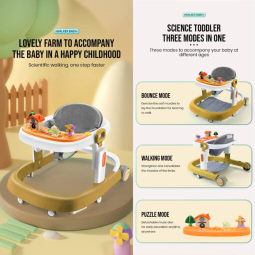 StarAndDaisy Best Baby Walker Height Adjustment, Elegant Walker for Baby with Cushioned Seat, Anti-O-Leg Design & Music Toy Tray - Metallic Gold - Image 3