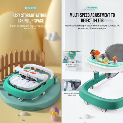 StarAndDaisy Baby's Charm 'The Elegant Walker' with Height Adjustment, Breathable Cushioned seat, Anti-O-Leg Design, Early Education Music/ Toy Tray, Foot Cushion, Foldable (Multicolored Green) - Image 4