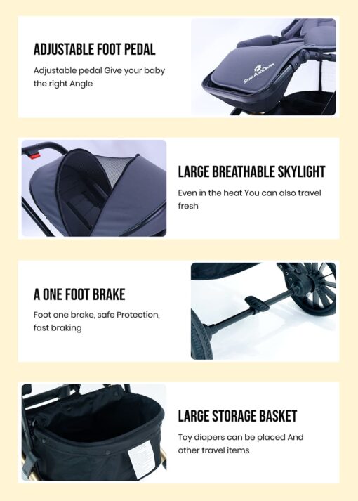[Refurbished] StarAndDaisy Cosmo Baby Stroller one press easy fold and large rear wheel, with Foot break, Foot Rest and basket for storage (Grey) - Image 3