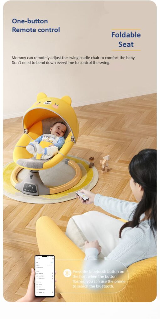 StarAndDaisy 2-in-1 Premium Modern Automatic Electric Baby Swing Rocker Cradle with Detachable Dining Tray & Sunshade &  Mosquito Net, Baby Rocker with Smart Touch Panel & Bluetooth Enabled Music and Remote Control  Without Wheels  (Orange) - Image 9