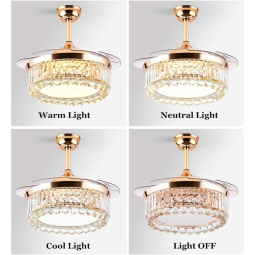 SND Home Decor Luxury Crystal Ceiling Fan with Light Remote Control Retractable Blades Lighting Fixtures 3 Speeds 3 Color Changes Luxury Chandelier , Silent Motor With LED Bulbs Included (Gold | 42inch) - Image 5