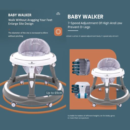 StarAndDaisy Baby Walker with Adjustable Height for 6-18 Months, without Toy Tray - Grey - Image 2