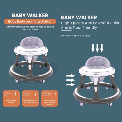 StarAndDaisy Baby Walker with Adjustable Height for 6-18 Months, without Toy Tray - Grey - Image 3