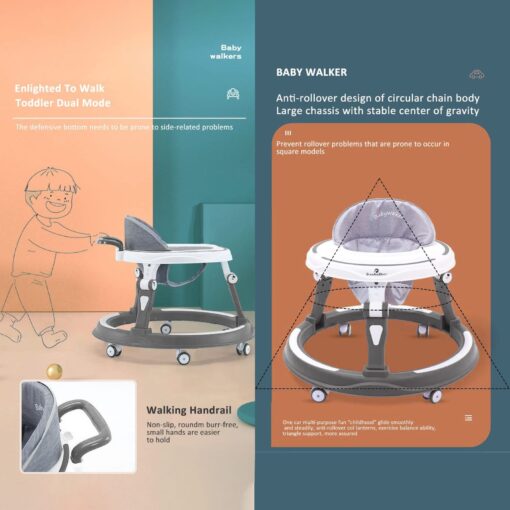 StarAndDaisy Baby Walker with Adjustable Height for 6-18 Months, without Toy Tray - Grey - Image 5