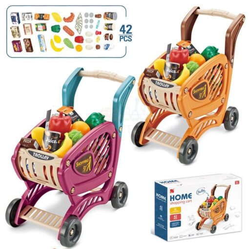 Supermarket Trolley Pretend Play Toys Kids Role Push Shop Store Shopping Cart Cashier Cooking (42 Pcs. Accessories) - Image 2