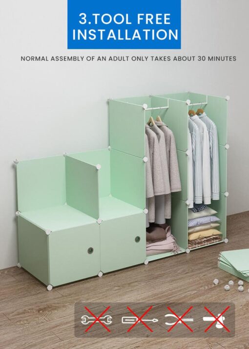[Refurbished] StarAndDaisy Portable Storage Cubes-14 x14 Cube (12 Cubes)-More Stable (add Metal Panel) Cube Shelves with Doors Wardrobe for Kids/Babies (Multicolor Green) - Image 6