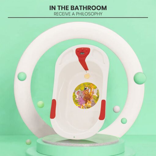 StarAndDaisy Baby Bath Tub with Temperature Sensor and Wheels for New Born Baby - White & Red - Image 2