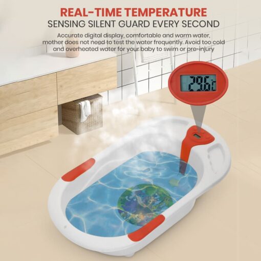 StarAndDaisy Baby Bath Tub with Temperature Sensor and Wheels for New Born Baby - White & Red - Image 3