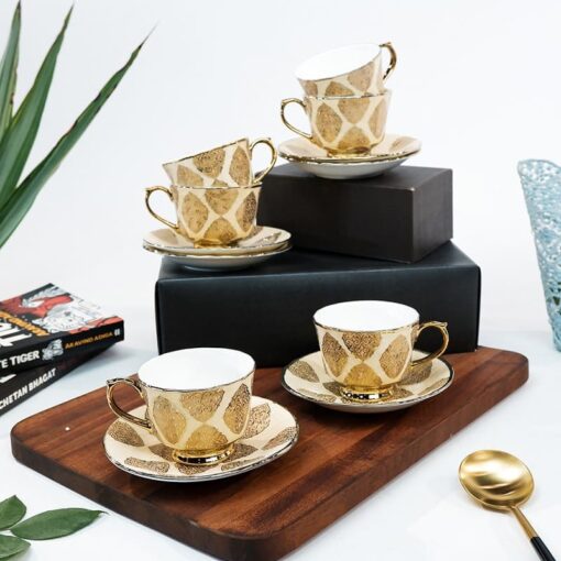 SND Homes Pack of 6 Bone China Cup & Saucer Set of 6 - Carpet Series (Golden) - Image 2